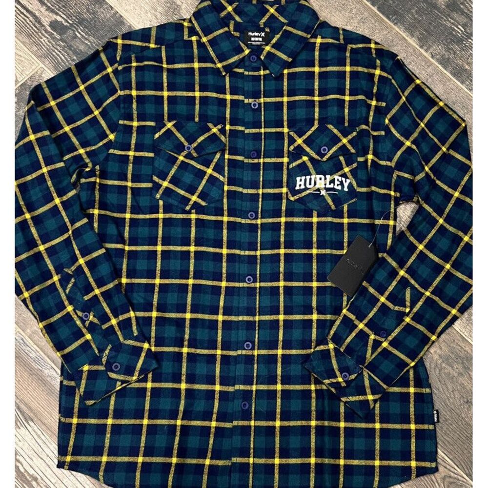 New $50 Hurley Mens Plaid Flannel Button Up Long Sleeve Shirt Seaweed Green‎ M